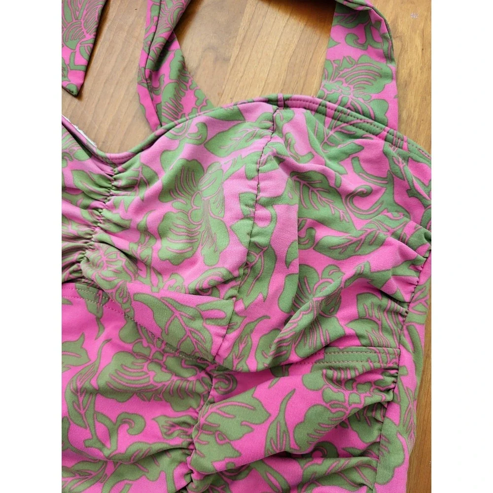 Lands' End Halter Tankini Swim Top Womens 12 Ruched Pink Green‎ Floral Tropical